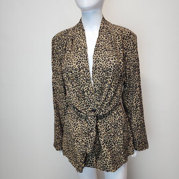 Vintage Leopard Tie Front Peplum Top Size M/L Pleated Button Closure Long Sleeve - Picture 1 of 14